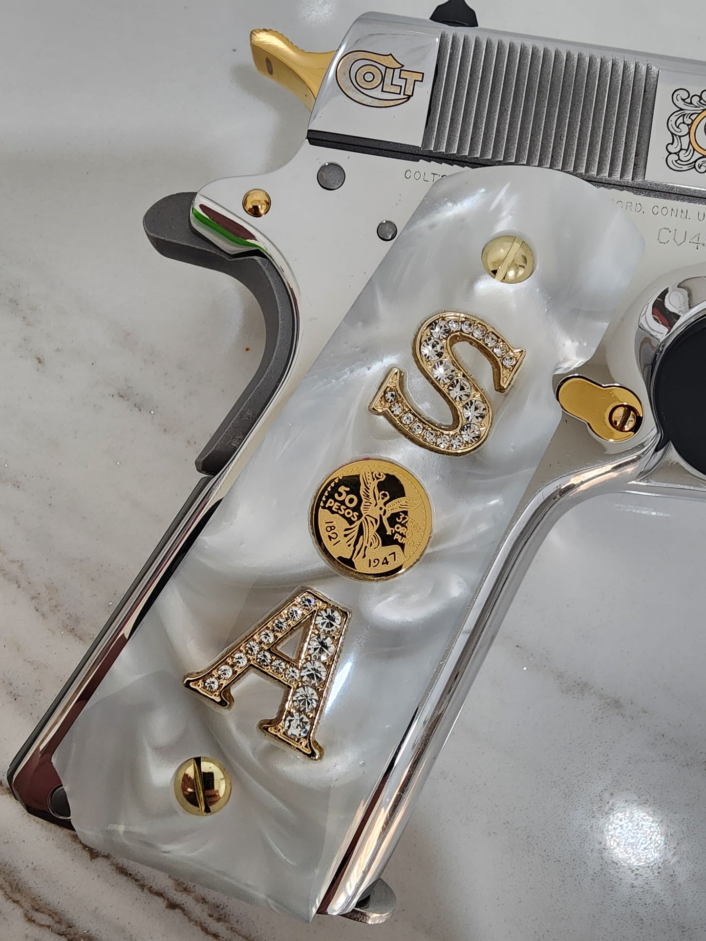 1911 “S” “Centenario” “A” 24k Gold Plated Inlayed CZ stones Grips Pearl