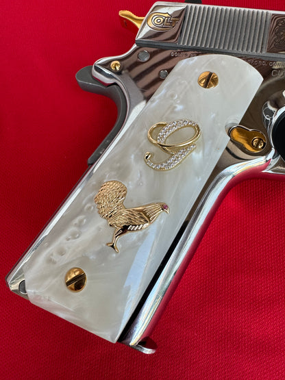 1911 Rooster “G” 24k Gold Plated Inlayed CZ stones Grips  White Pearl Grips