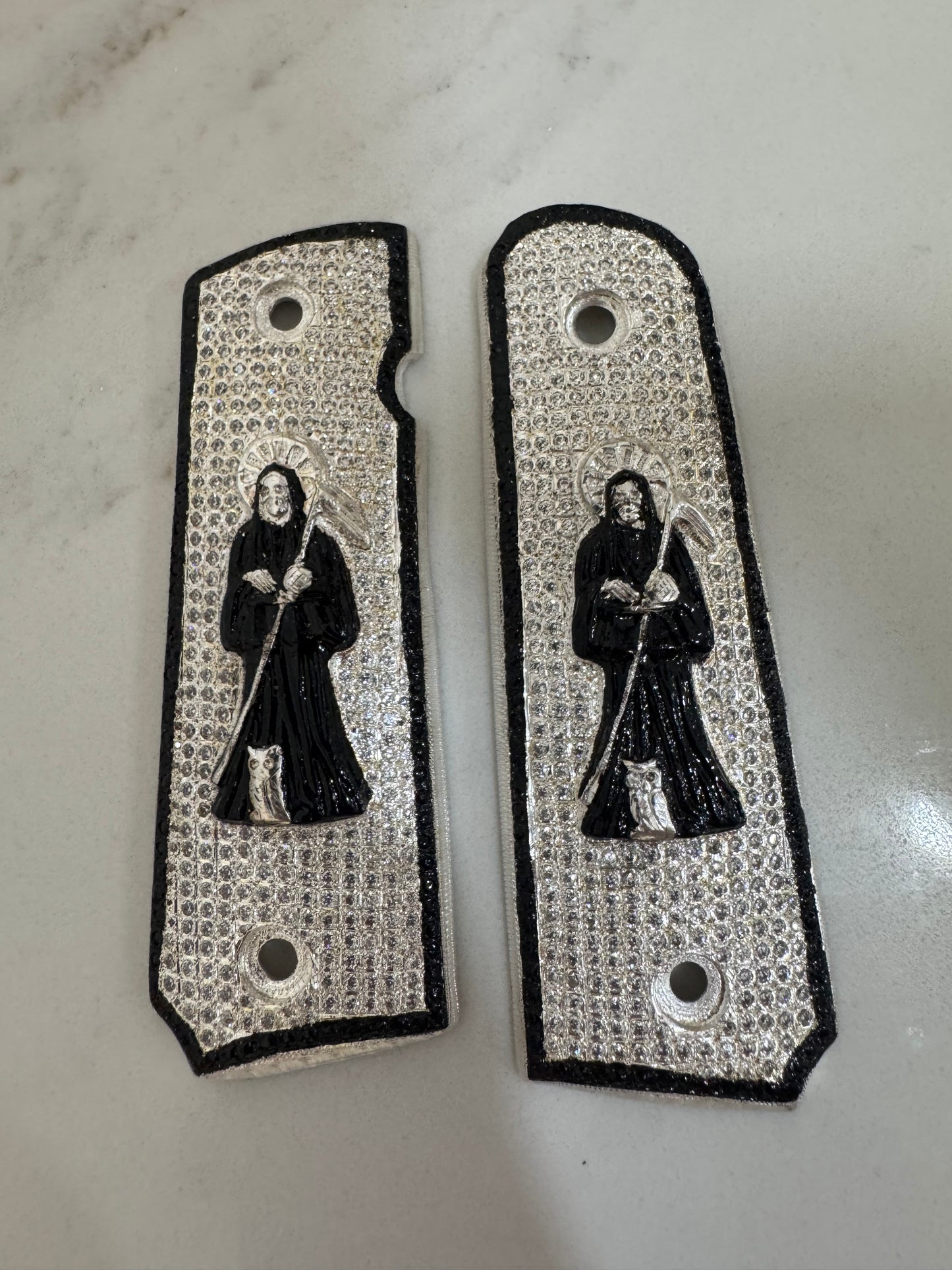 Santa Muerte 1911 Pistol Grips –  CZ Stone Inlay – Full-Size 1911