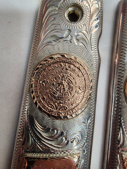 9.25 10kt gold inlay Silver Mexican Vintage Engraved Pistol Grips COLT 38 super/45