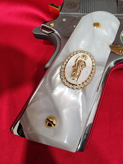 1911 White Pearlite Grip – San Judas Gold Oval Plated with CZ stones border – Government Model