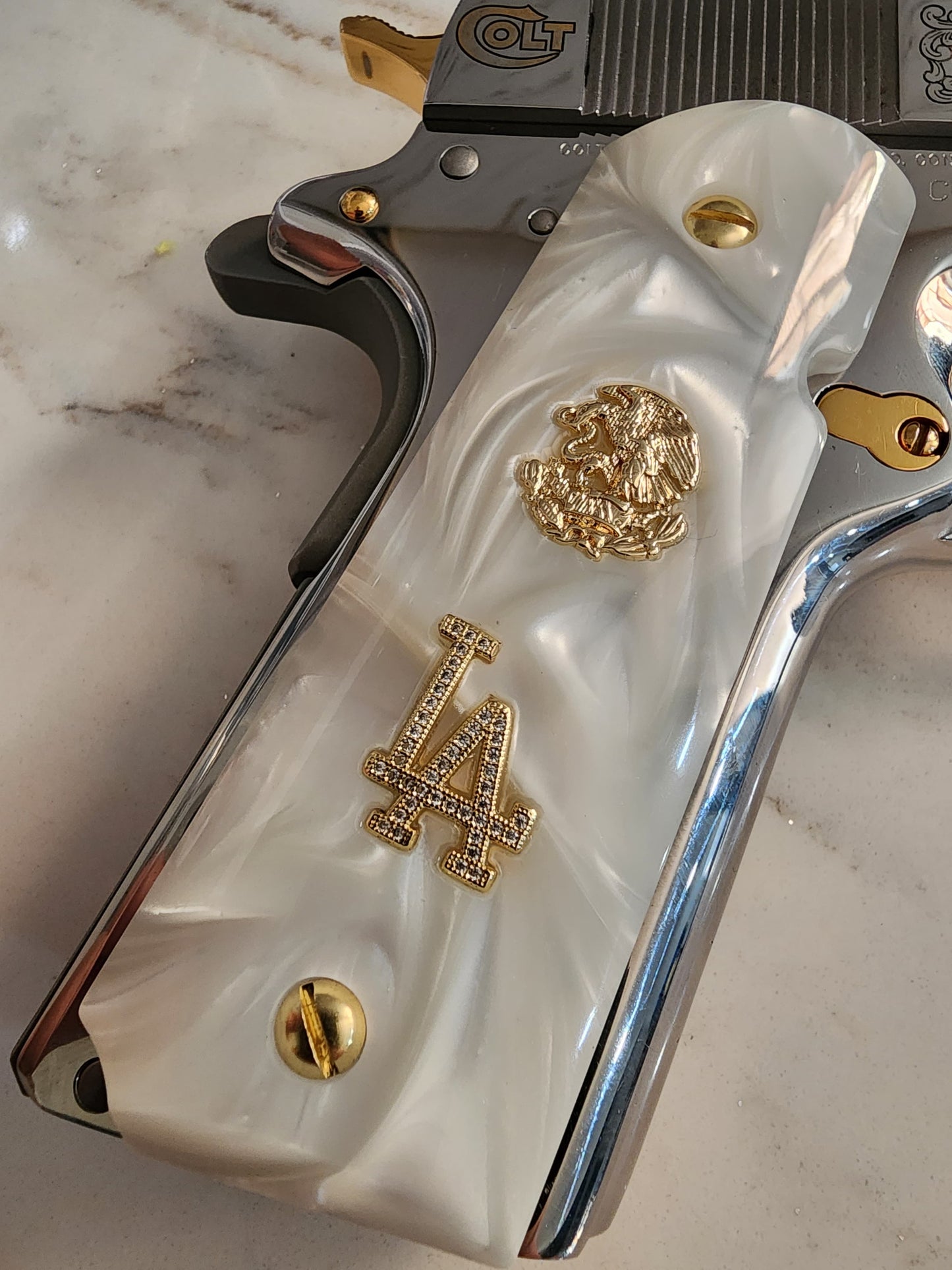 1911 Grips White Pearl with LA Emblem & Mexican Eagle (24k Gold Screws)