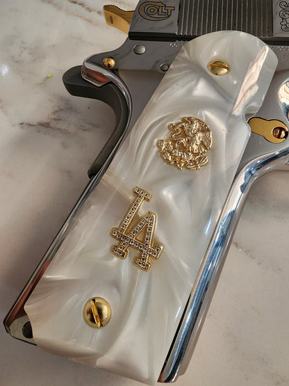 1911 Grips White Pearl with LA Emblem & Mexican Eagle (24k Gold Screws)