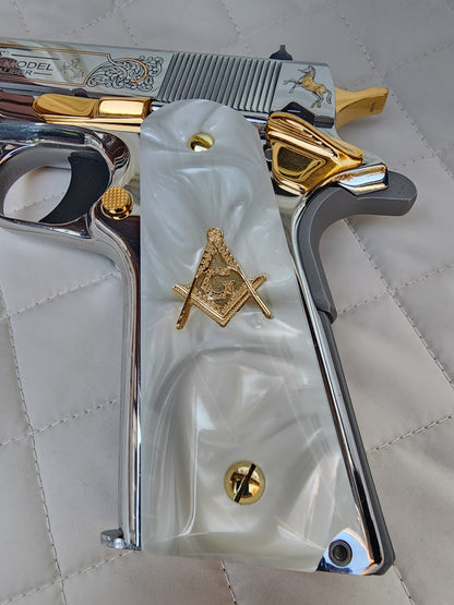 Custom 1911 White Pearl Grips w/ Gold Plated  Masonic Emblem & Screws