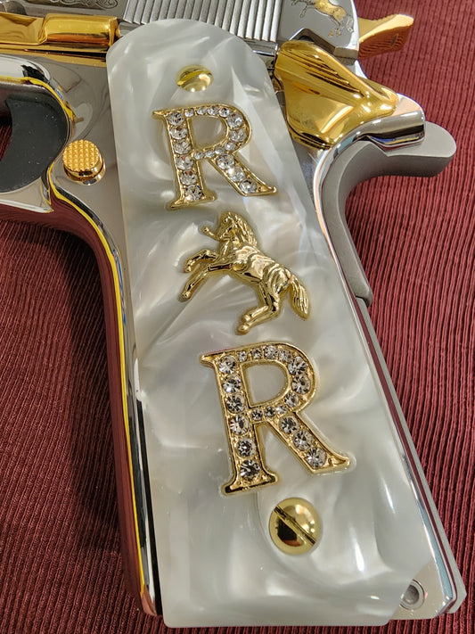 1911 White Pearlite Grips Gold plated “R” Rampant Horse Inlays with 24K Gold Plated Screws