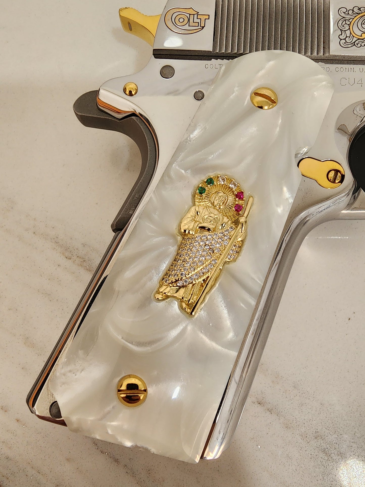 1911 San Judas Inlays with CZ Stones & 24K Gold Plated Screws l Pearlite Grips