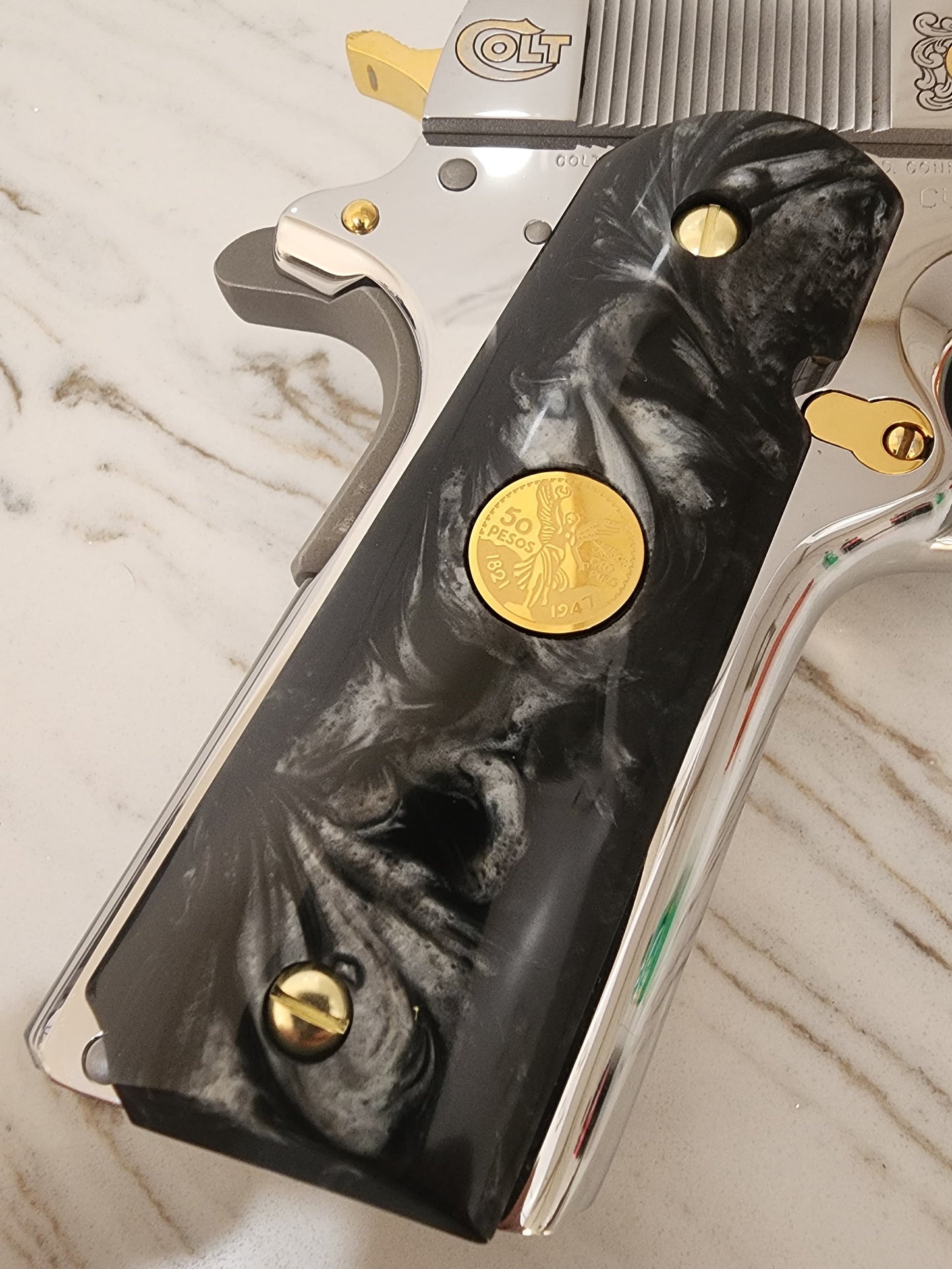 1911 Black Pearl Mini Centenario 14k Gold Filled Coin Grips 45 acp 38 Super