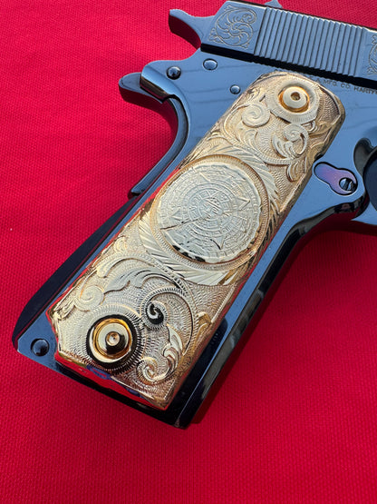 1911 Aztec Calendar Grips 24k Gold Plated .45 38 Super caliber