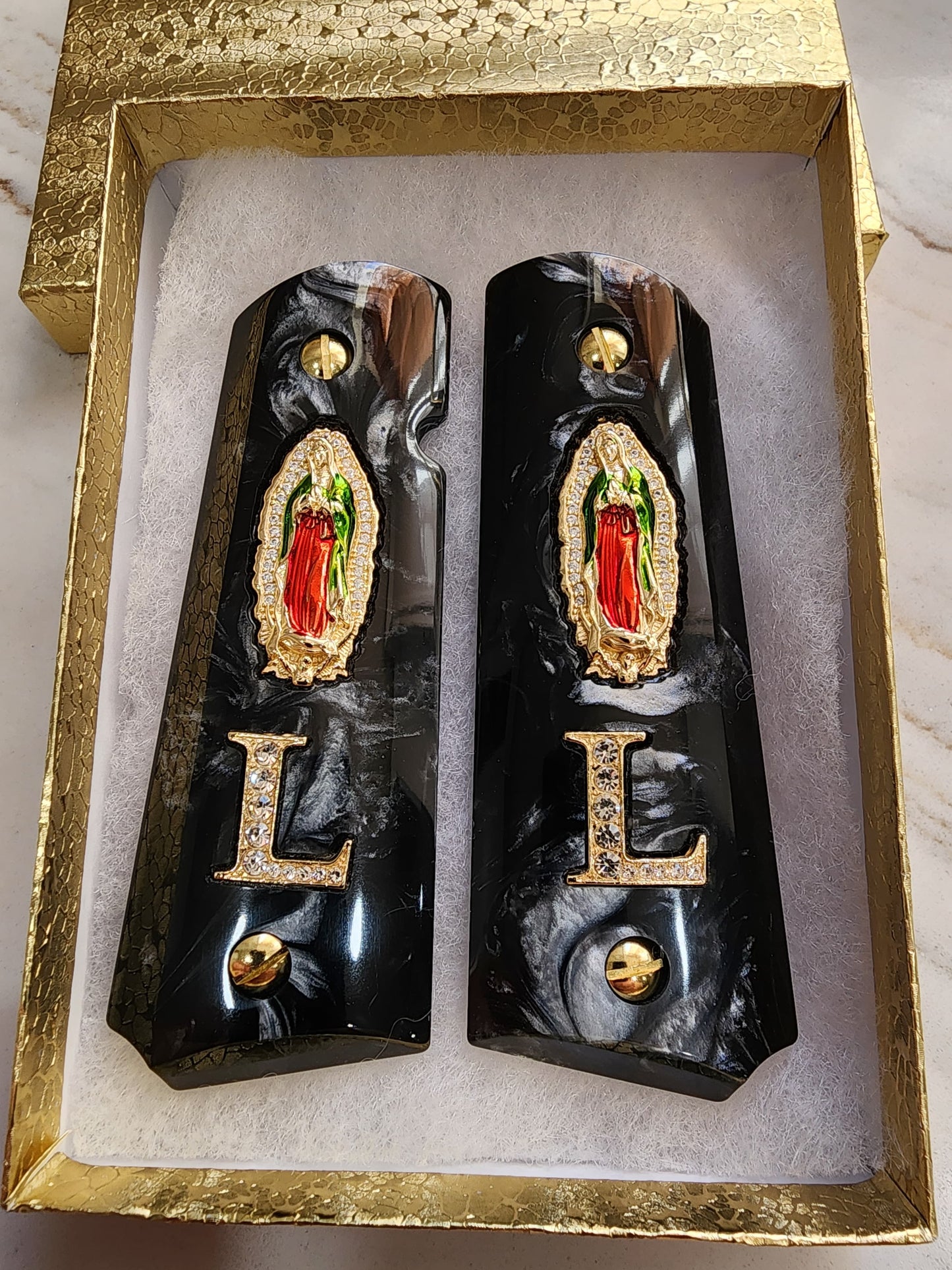 1911 Virgin De Guadalupe CZ-style crystal border with “L” letter Inlayed CZ stones 24k Gold Plated Grips White Pearl