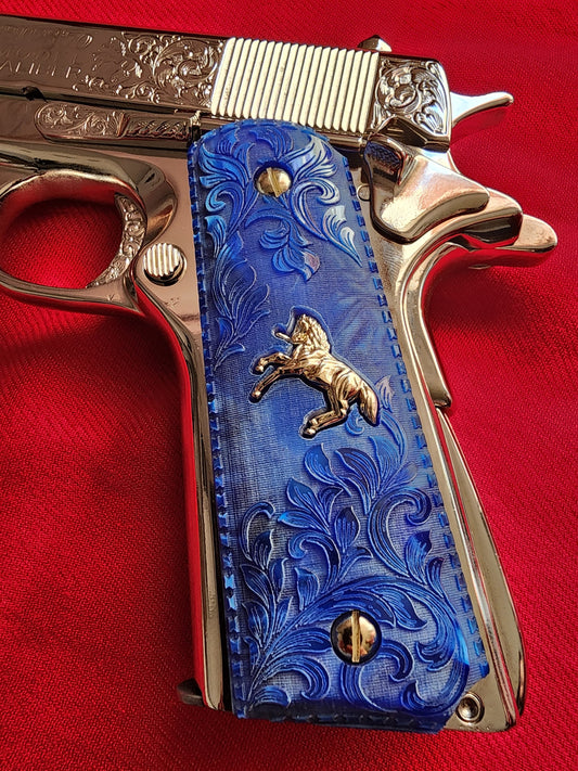 1911 Grips  Engraved Royal Swirl Blue Pearl with Rampart Horse Emblem (24k Gold Screws)