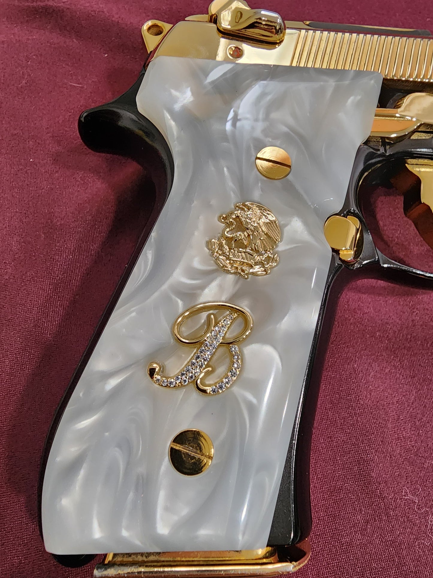 Beretta 92fs - Aguila “B” 24k Gold Plated Inlayed CZ stones - Pearlite Grips 96 Fs M9