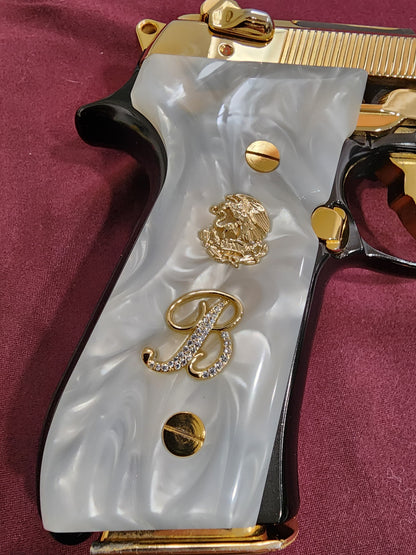 Beretta 92fs - Aguila “B” 24k Gold Plated Inlayed CZ stones - Pearlite Grips 96 Fs M9
