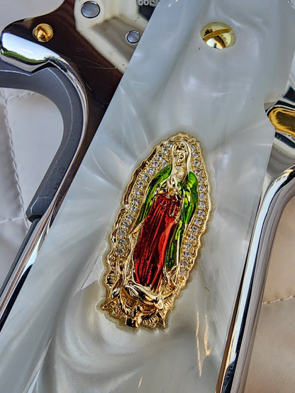 1911 Virgin De Guadalupe CZ-style crystal border 24k Gold Plated Inlayed Grips White Pearl Grips