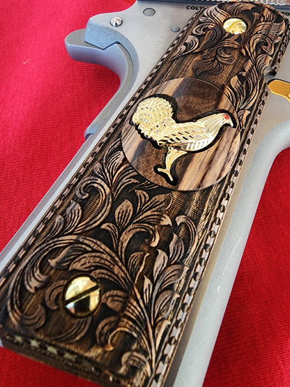 Custom 1911 Full Size Walnut Wood Grips – Scroll Engraving with Gold Plated 24k Rooster Inlay  – Government & Commander Compatible