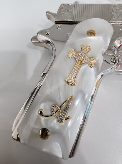 Custom 1911 White Pearlite Grips with Gold Plated Cross CZ & Crystal “A” Initial – Fits Full Size Government & Commander 1911 .45 ACP / .38 Super