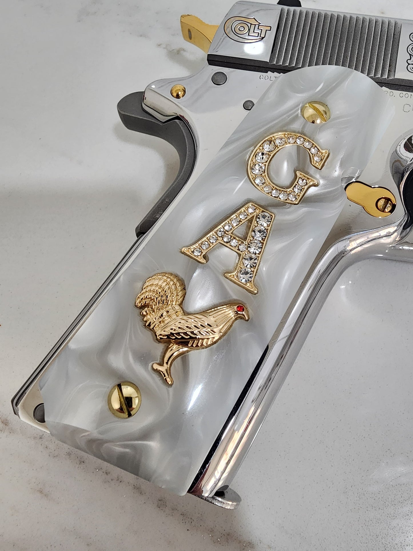 1911 "G” “Rooster” “A” 24k Gold Plated Inlayed CZ stones Grips Pearl