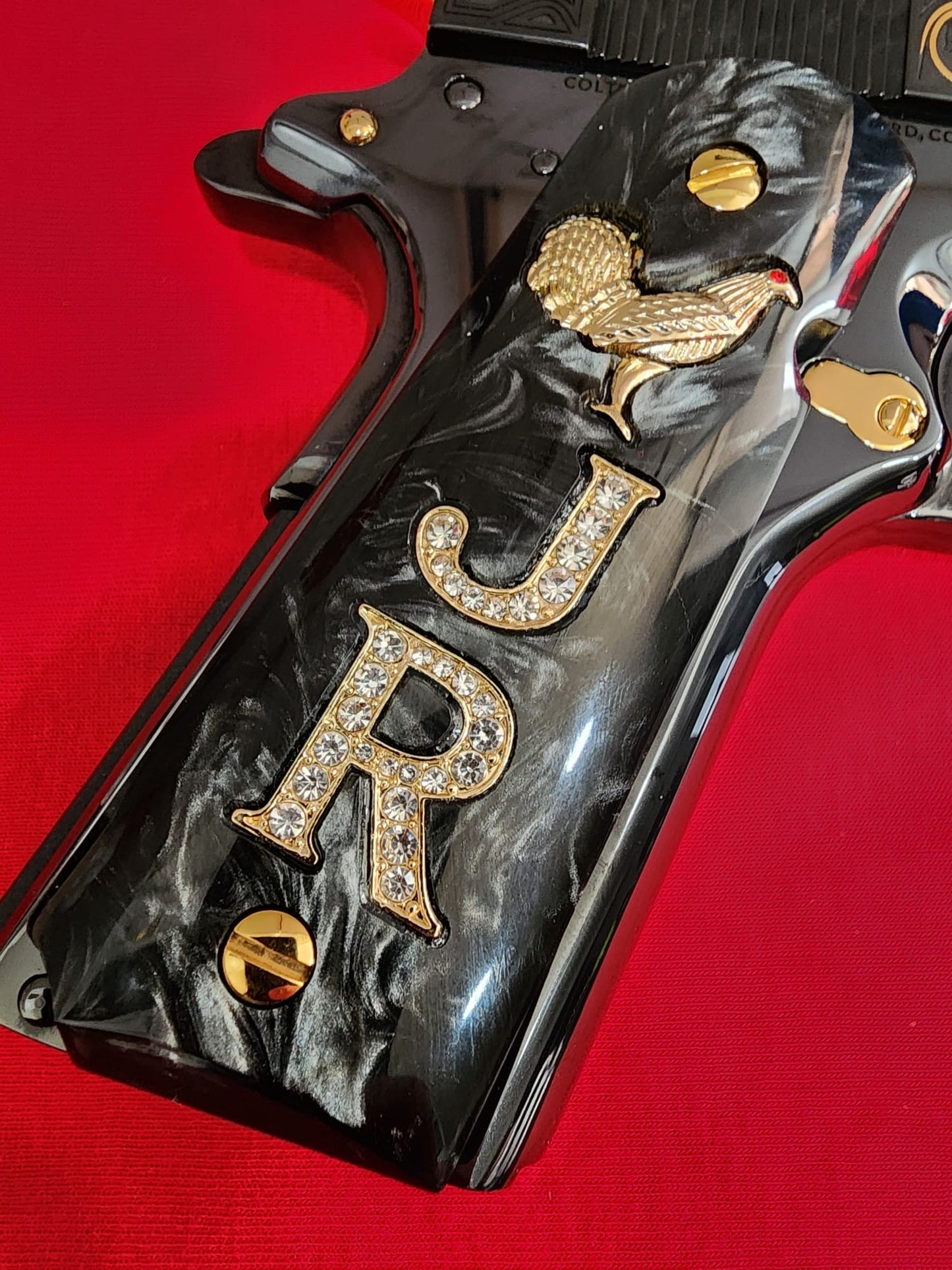 1911 White Pearlite Grips Gold plated “J” Rampant Horse “R” Inlays with 24K Gold Plated Screws