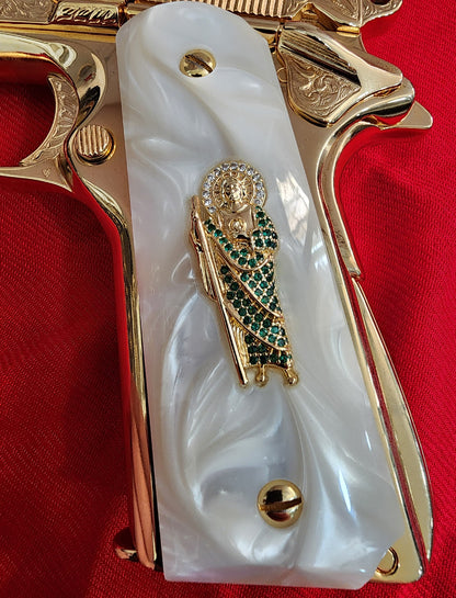 1911 Pearl Grips San Judas cz stone inlay 24k Gold Plated 45 acp 38 Super