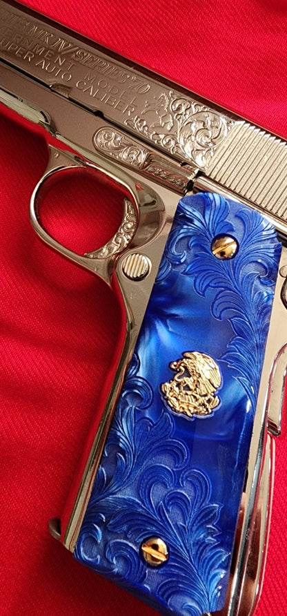 1911 Grips Engraved Royal Swirl Blue Pearl with Mexican Eagle (24k Gold Screws)