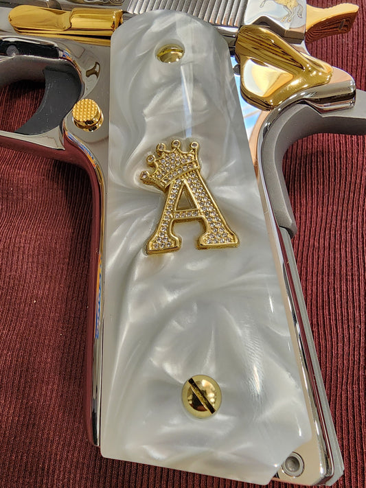 1911 White Pearlite Grips – 24k Gold plated Crown “A” Emblem – Inlays with Plated Screws