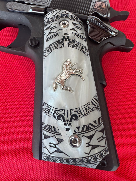 1911 Colt Silver Horse Plated Pearl Aztec Motif Engraved grips 45 38 super Rare