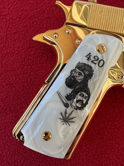 1911 Pearl Laser Engraved Cheech and Chong Grips 45 acp 38 Super cal
