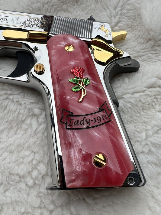 1911 Pink Grips  Lady 1911 Rose 24k Gold Plated Custom  Engraved 45 acp 38 Super