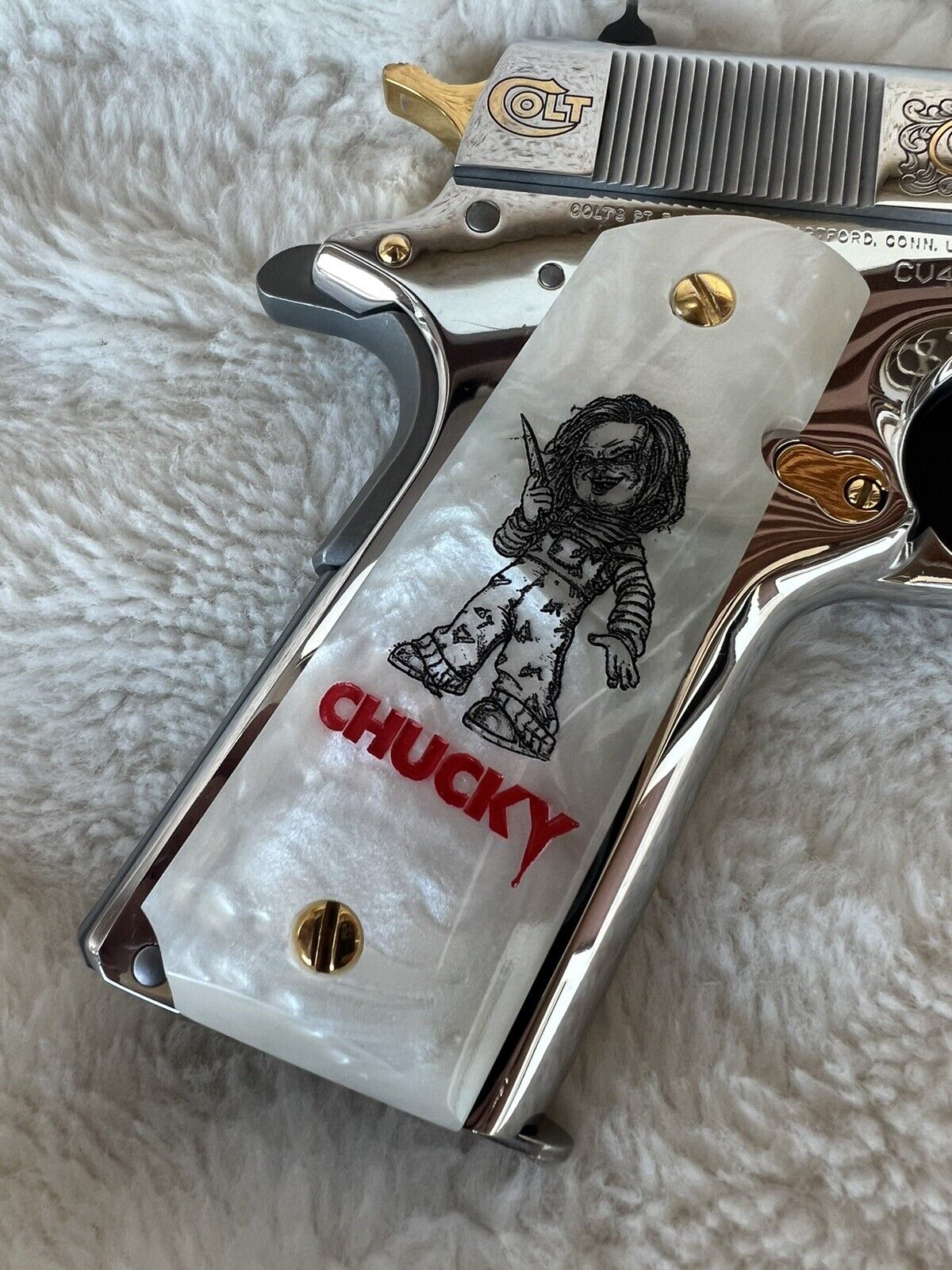 1911 Pearl Laser Engraved Chucky Character  Grips 45 acp 38 Super cal