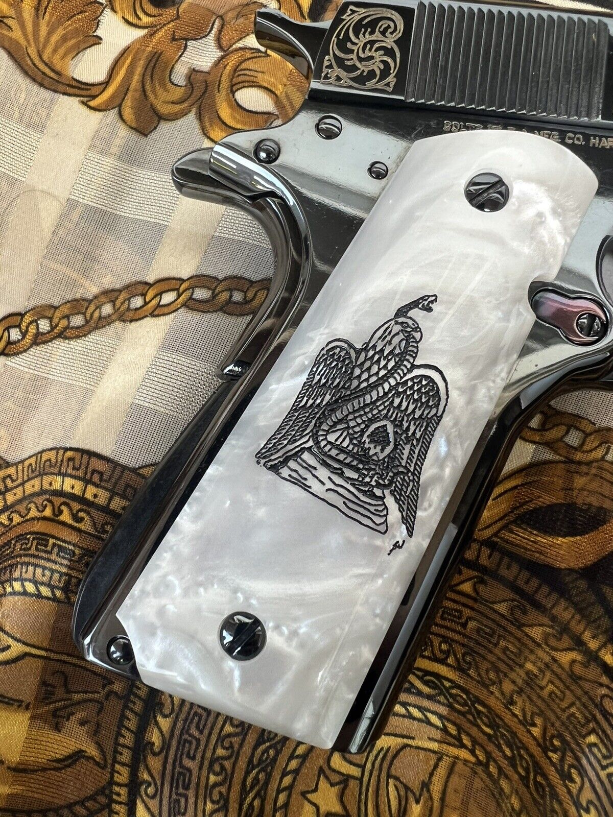 "Aguila" 1911 Custom  Pearl Engraved grips Colt  38 super