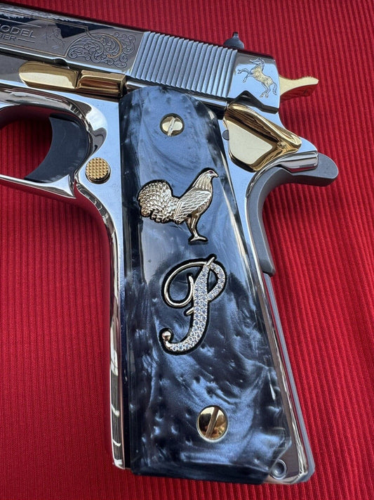 1911 "Rooster" “P” 24k Gold Plated Inlayed CZ stones Grips  Black Pearl Grips
