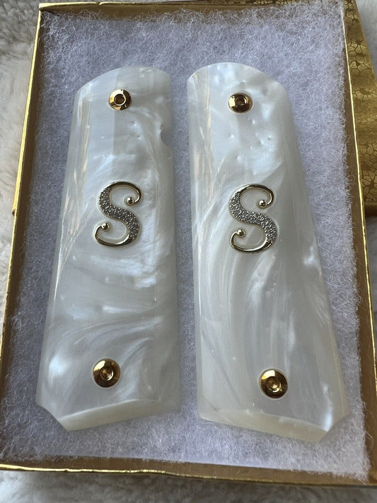 1911 Pearl Grips With S Letter Gold Plated CZ Stones  45 acp