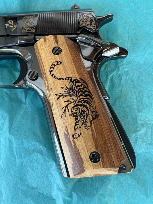 1911 Grips Laser Engraved Tiger With Bamboo Grips 45 acp 38 Super Calibers