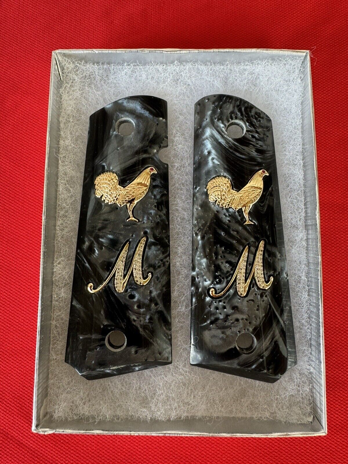 1911 "Rooster" “M” 24k Gold Plated Inlayed CZ stones Grips  Black Pearl Grips