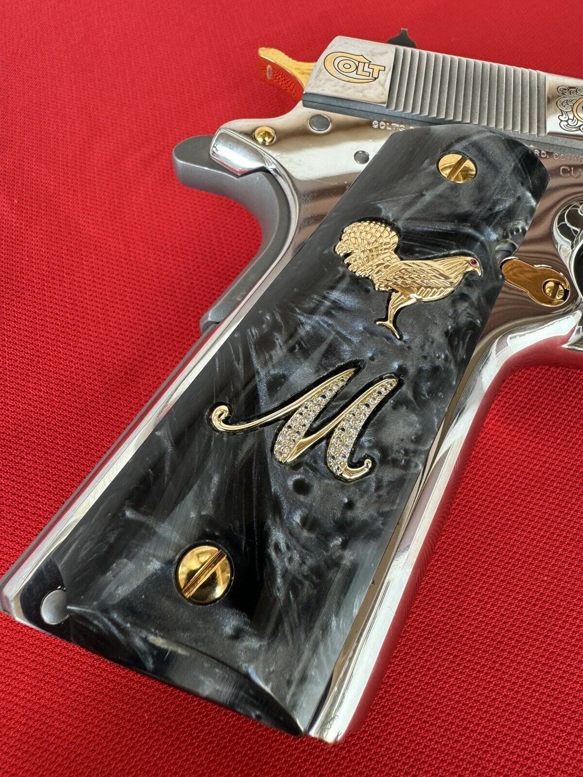 1911 "Rooster" “M” 24k Gold Plated Inlayed CZ stones Grips  Black Pearl Grips