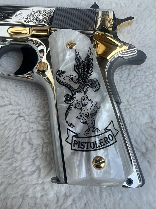 1911  Pearl Mexican Eagle / Snake / Cactus *FREE ENGRAVING IN SPACE FOR LAST NAME* Grips  45 acp 38 Super