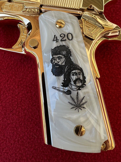 1911 Pearl Laser Engraved Cheech and Chong Grips 45 acp 38 Super cal