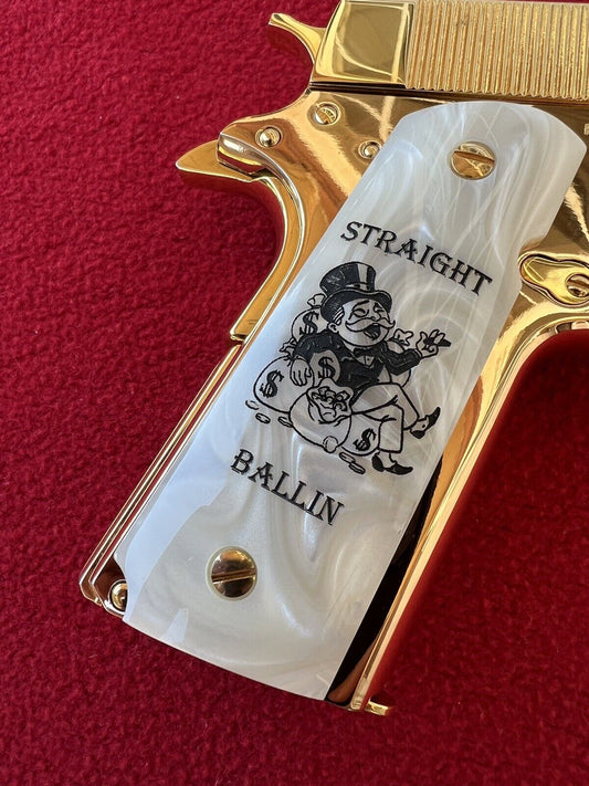 1911 Pearl Laser Engraved Monopoly Man Grips Image 45 acp 38 Super cal