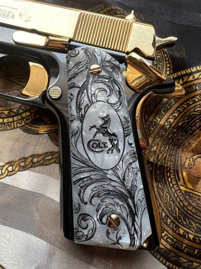 1911 Pearl Laser Engraved Scrolls Colt Logo Grips  45 acp 38 Super cal