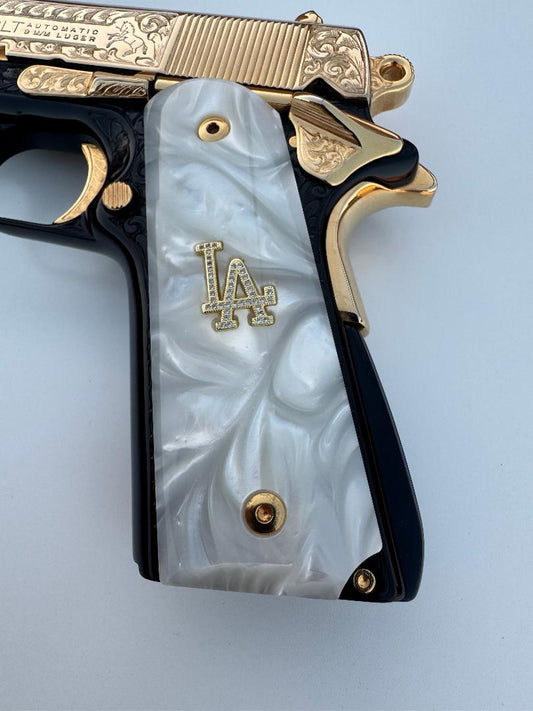 1911 White Pearl Grips - LA - design inlayed 24k Gold Plated 45 acp 38 Super