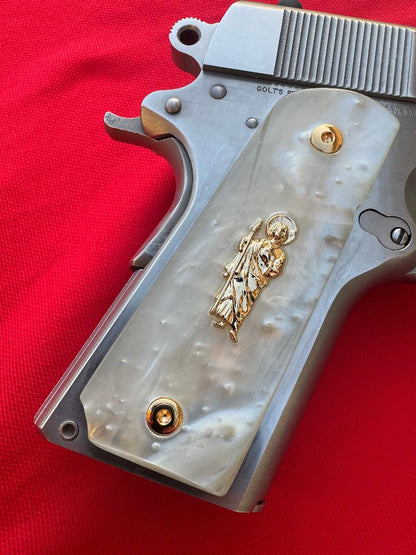 1911 Officer's Model San Judas 24k Plated Pearlite Custom Pistol Grips