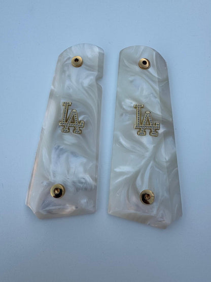 1911 White Pearl Grips - LA - design inlayed 24k Gold Plated 45 acp 38 Super