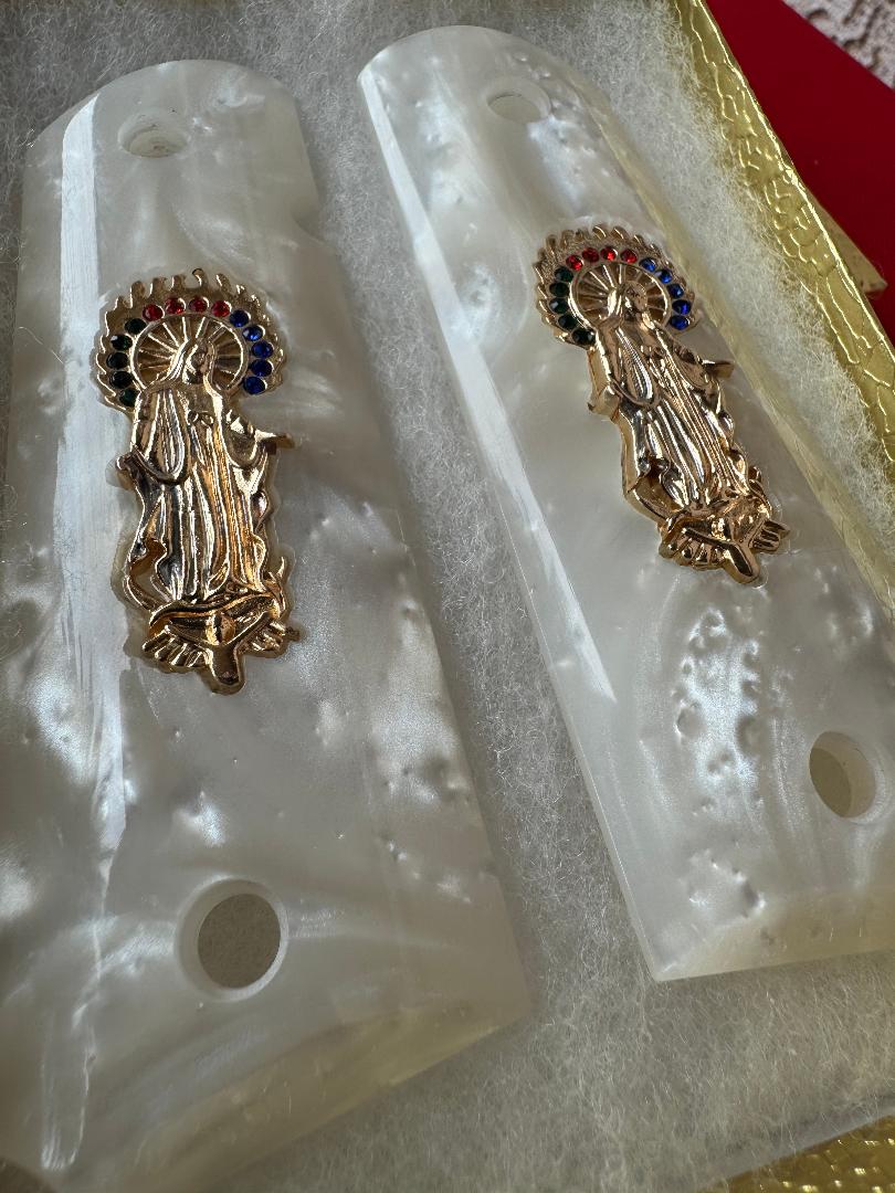 1911 Pearl Grips Engraved Grips Virgin Mary inlayed 24k cz stones Gold Plated 45 acp