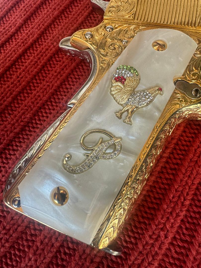 1911 Rooster “P” 24k Gold Plated Inlayed CZ stones Grips  White Pearl Grips