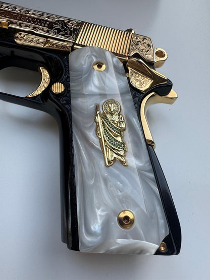 1911 Pearl Grips San Judas cz stones inlayed 24k Gold Plated 45 acp 38 Super