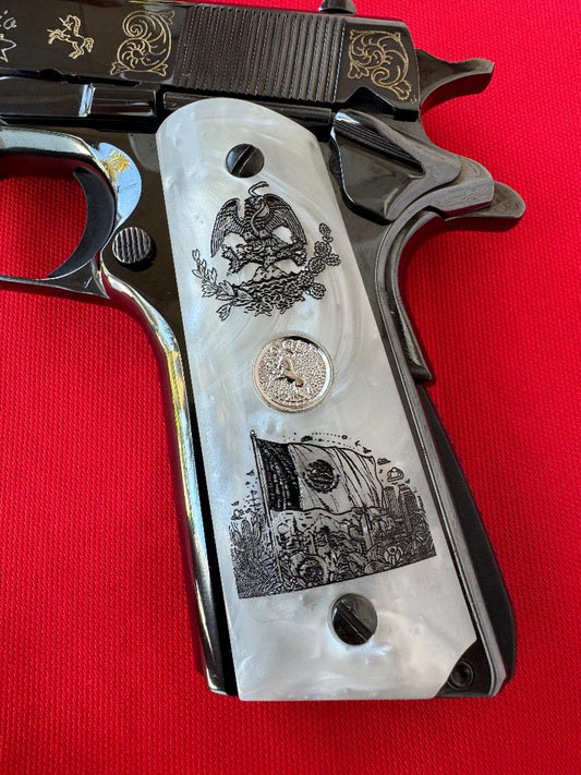 1911 Colt Medallion Mexican Eagle Pearlite Engraved grips 45 38 super Rare