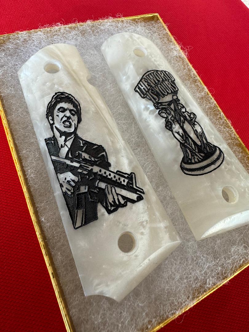 1911 Pearl Laser Engraved Tony Montana Grips 45 acp 38 Super cal