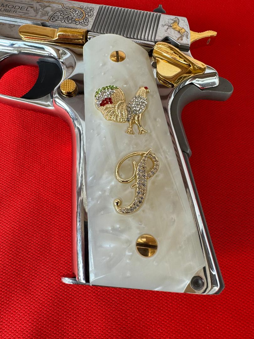 1911 Rooster “P” 24k Gold Plated Inlayed CZ stones Grips  White Pearl Grips