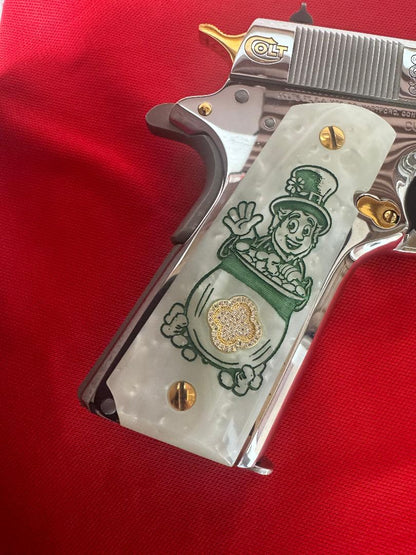 1911 Grips Engraved Pearl Grips Leprechaun Charm inlayed 24k Gold Plated 45 acp