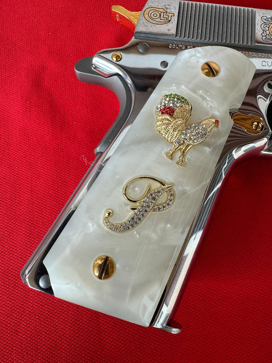 1911 Rooster “P” 24k Gold Plated Inlayed CZ stones Grips  White Pearl Grips