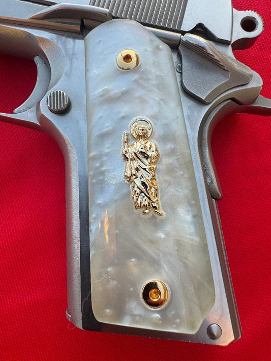 1911 Officer's Model San Judas 24k Plated Pearlite Custom Pistol Grips